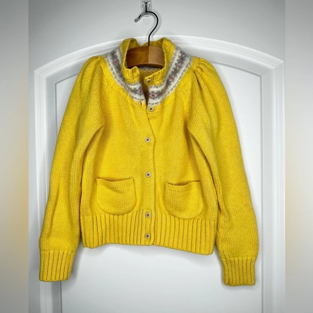 Ralph‎ Lauren Butter Yellow Cardigan Nordic Patterned Collar Cotton Wool Scandi